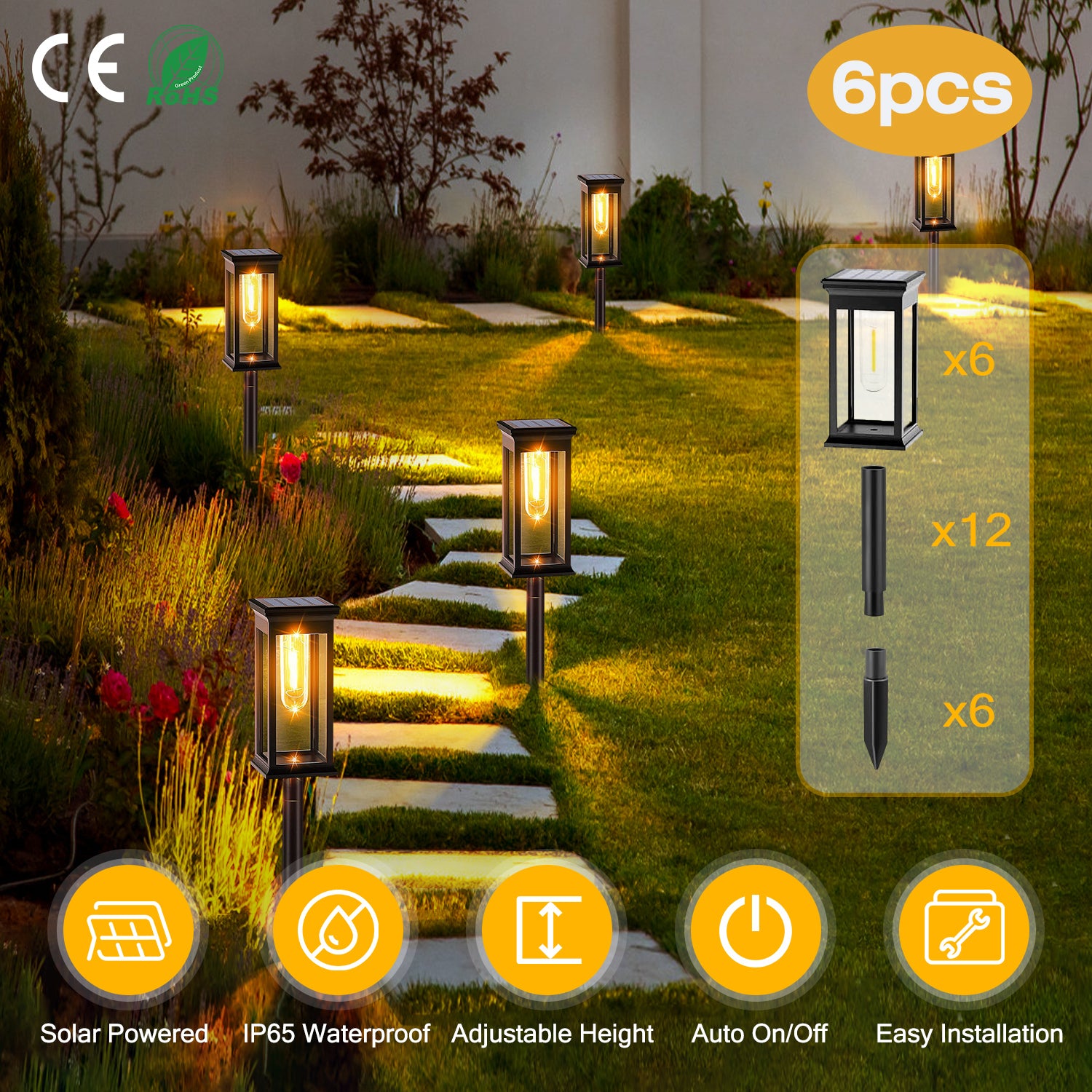 6 Piece Solar Powered Path Lamp